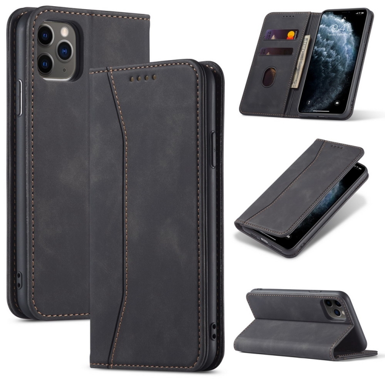 [00-340] For iPhone 12 / 12 Pro Skin-feel Calfskin Texture Magnetic ,Wallet. (Black)