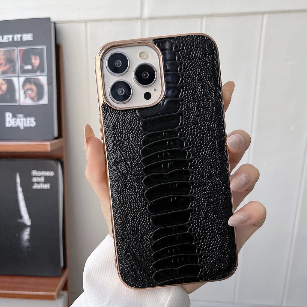 For iPhone 14 Pro Max Genuine Leather Pinshang Series Nano Electroplating Phone Case .