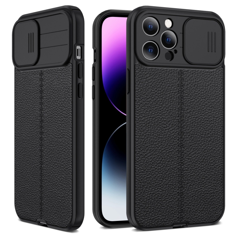 For iPhone 14 Pro Max Litchi Texture Sliding Camshield TPU Protective Phone Case.