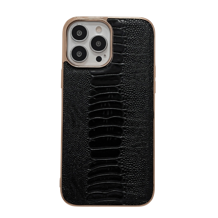 [00-571] For iPhone 14 Pro Genuine Leather Pinshang Series Nano Electroplating Phone Case. (Black)