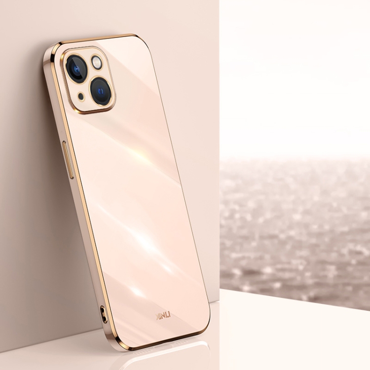 [00-582] For iPhone 14 XINLI Straight 6D Plating Gold Edge TPU Shockproof Case. (Pink)