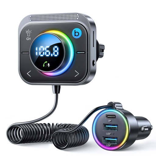 [1174] JOYROOM Multi-port Car Wireless FM Transmitter with Coiled Cable.