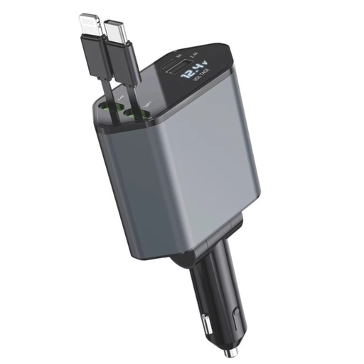 4-In-1 120W Multifunctional USB Retractable Dual-Line Digital Display Car Fast Charger.