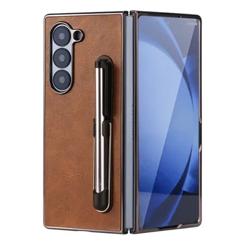 For Samsung Galaxy Z Fold 6 Plating Frame PU Fold Phone Case with Pen.
