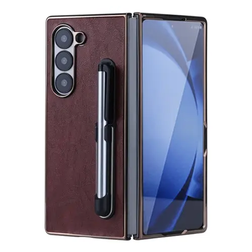 For Samsung Galaxy Z Fold 6 Plating Frame PU Fold Phone Case with Pen.