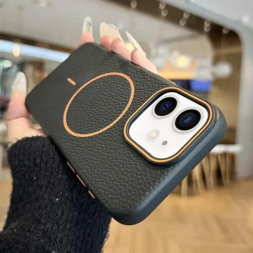 For iPhone 11 Orange Ring MagSafe Litchi Grain TPU Phone Case.