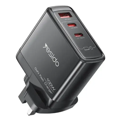 Yesido PD100W 2 USB-C , USB-A Three Ports GaN Fast Charger, Plug:UK Plug(Black)
