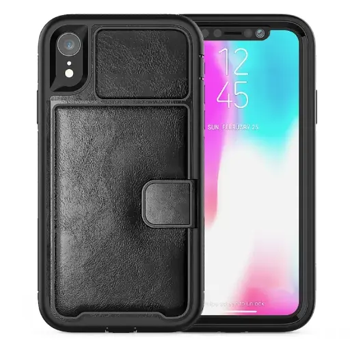For iPhone XR Leather Protective Case with Holder & Card Slot