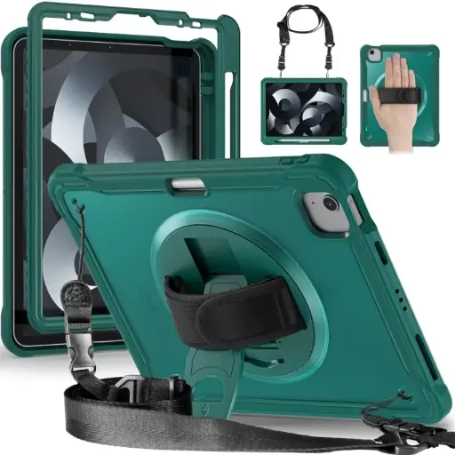 For iPad Air 2022 10.9 / Pro 11 2022 Heavy Duty Hybrid Tablet Case with Hand Grip & Strap