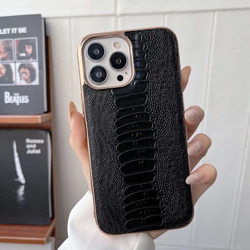 For iPhone 14 Pro Max Genuine Leather Pinshang Series Nano Electroplating Phone Case .