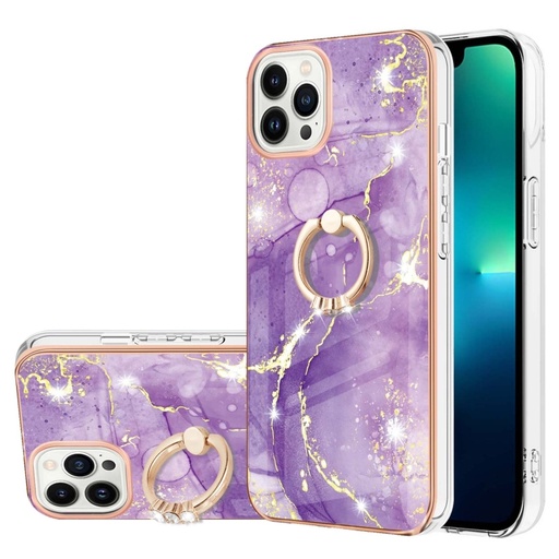 For iPhone 15 Pro Max Electroplating Marble Pattern IMD TPU Shockproof Case with Ring Holder.