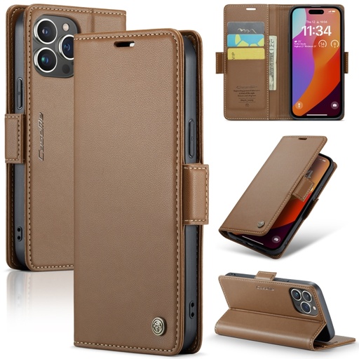 For iPhone 15 Pro Max CaseMe  Butterfly Buckle Litchi Texture RFID Anti-theft Leather Phone Case.