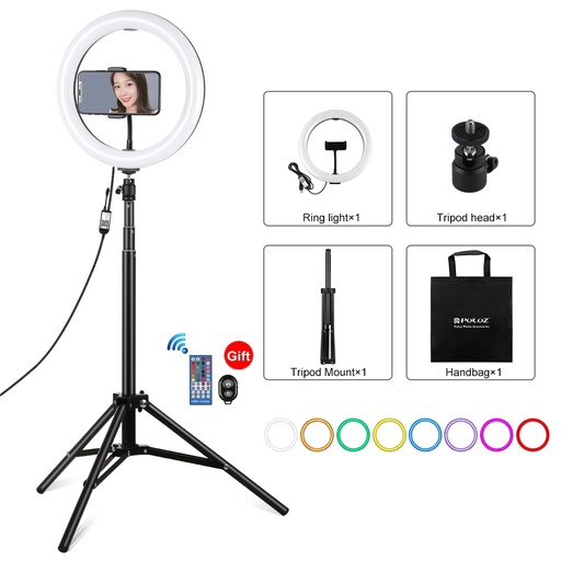 [1197] PULUZ 10.2 inch 26cm RGBW Light + 1.65m Tripod Mount Curved Surface USB RGBW Dimmable LED Ring Vlogging Video Light Live Broadcast Kits with Cold Shoe Tripod Ball Head & Phone Clamp & Remote Control.